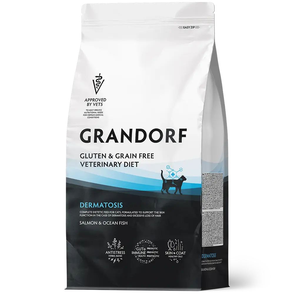 GRANDORF VETERINARY DIET SALMON & OCEAN FISH (Рыба) DERMATOSIS 400 г - полнорационный диетический сухой корм для кошек, разработанный для поддержания функций кожи при дерматозах и чрезмерном выпадении шерсти