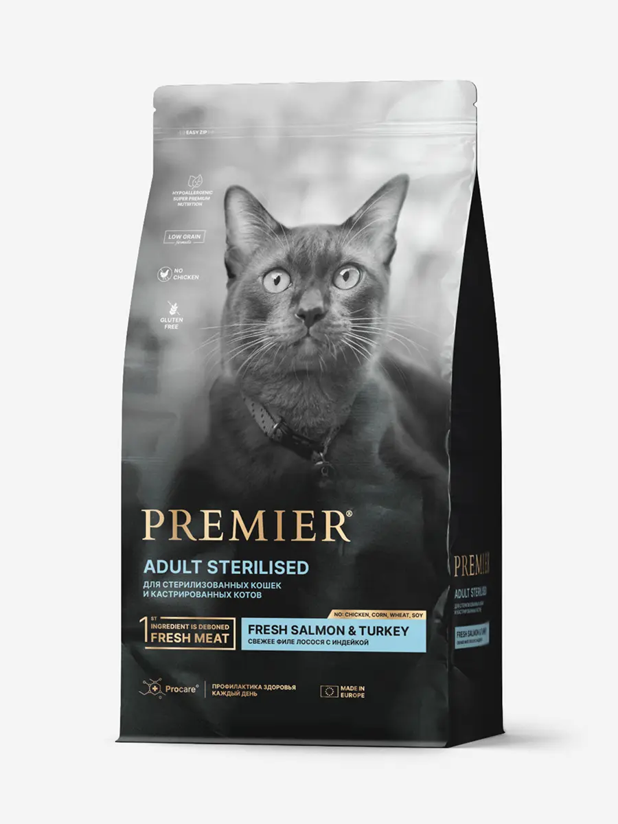 Premier Cat Salmon&Turkey STERILISED (Свежее филе лосося с индейкой для кошек) 400 г