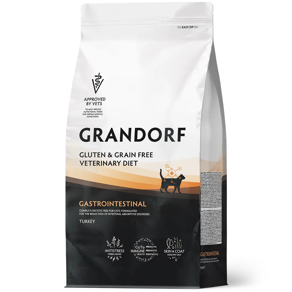 GRANDORF VETERINARY DIET TURKEY (Индейка) GASTROINTESTINAL 400 г - полнорационный диетический сухой корм для кошек, разработанный для снижения абсорбционных расстройств кишечника