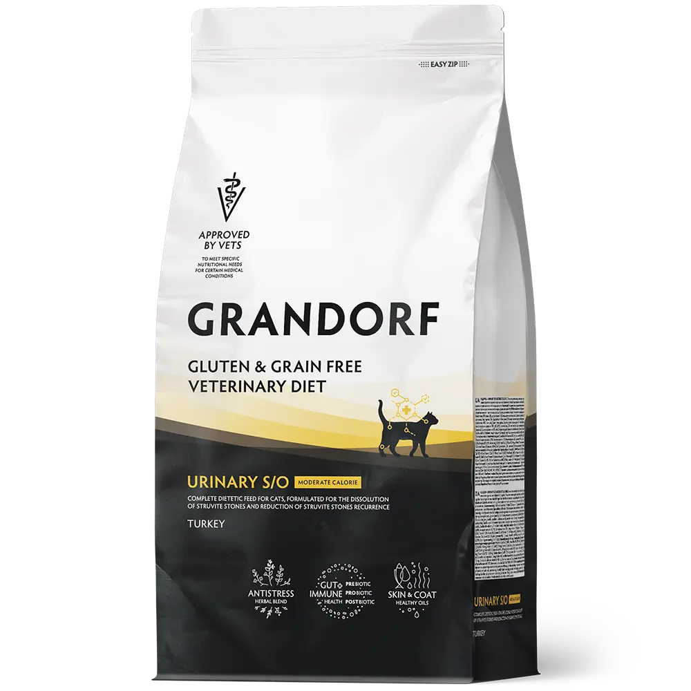 GRANDORF VETERINARY DIET TURKEY (Индейка) URINARY S/O MODERATE CALORIE 400 г - полнорационный диетический сухой корм для кошек, разработанный для растворения струвитных камней и снижения риска их повторного образования