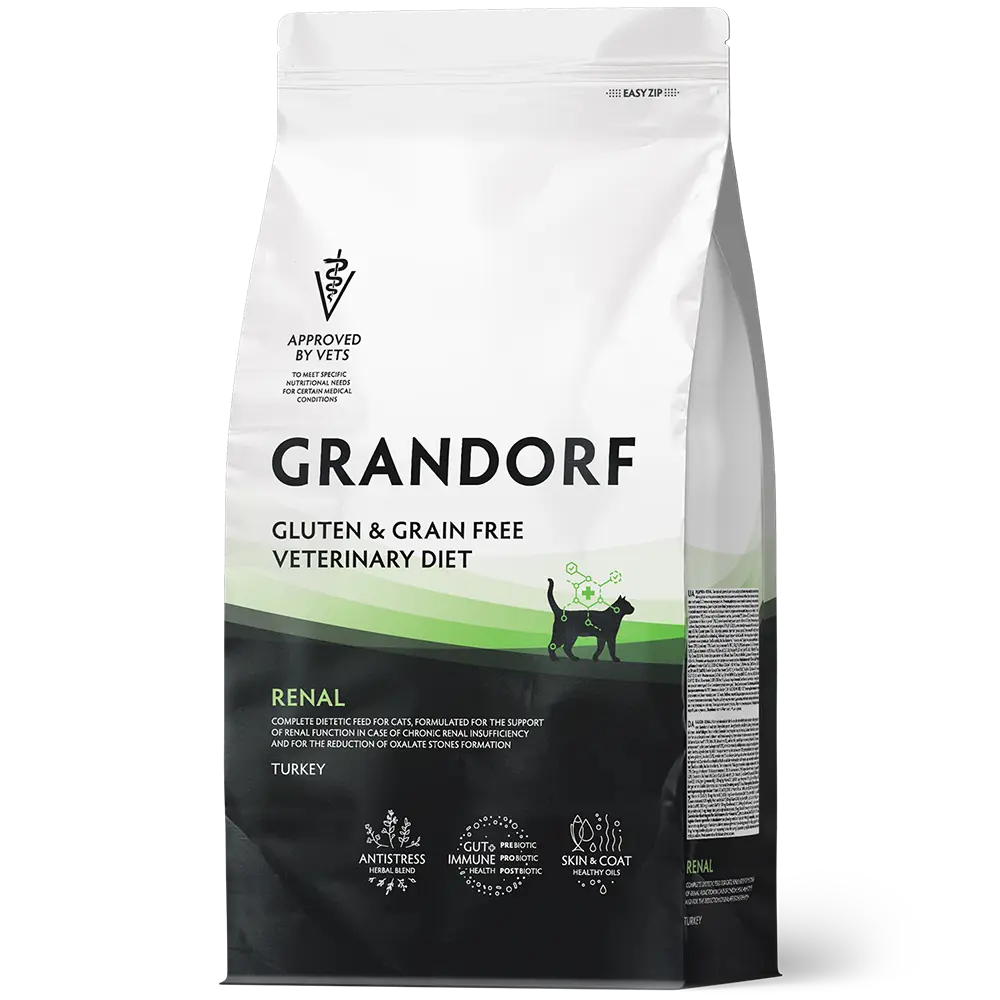 GRANDORF VETERINARY DIET TURKEY (Индейка) RENAL 400 г - полнорационный диетический сухой корм для кошек, разработанный для поддержки функции почек при хронической почечной недостаточности и для снижения образования оксалатных камней