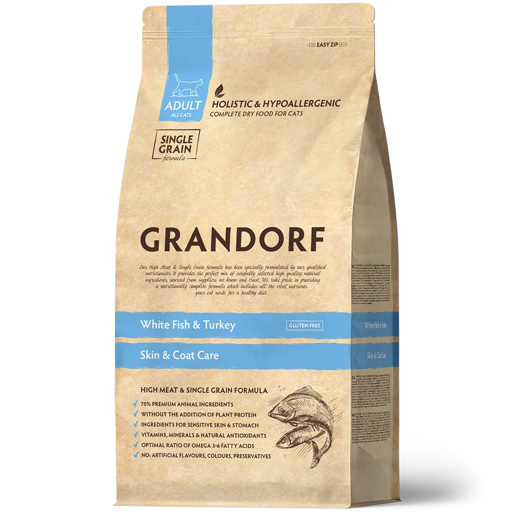 GRANDORF CAT White Fish&Turkey SKIN&CARE (Белая рыба с индейкой - забота о коже и шерсти для кошек) 400 гр.