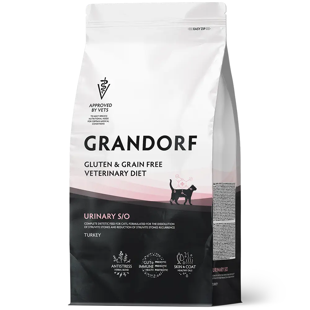 GRANDORF VETERINARY DIET TURKEY (Индейка) URINARY S/O 400 г - полнорационный диетический сухой корм для кошек, разработанный для растворения струвитных камней и снижения риска их повторного образования